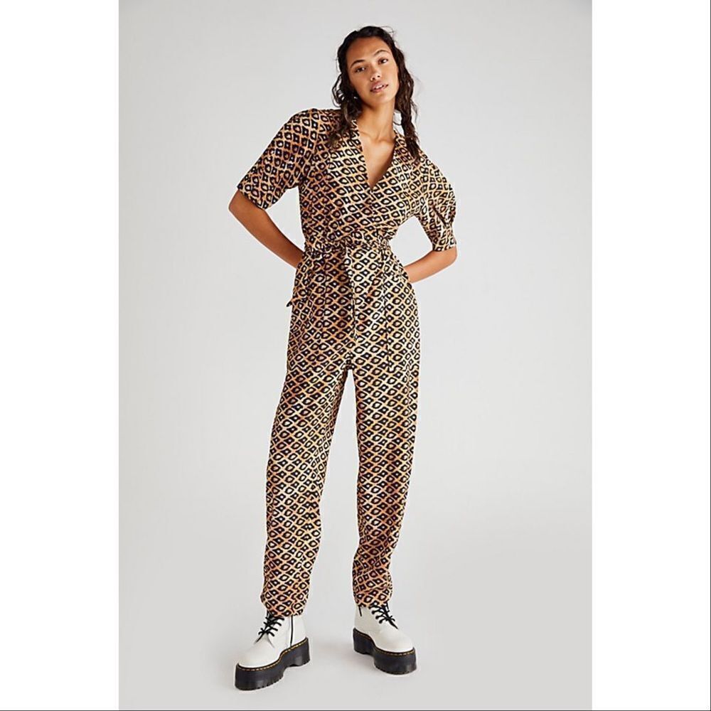 Scotch & Soda Jumpsuit Leopard Animal Print Puff Sleeve Utility Tan Black Medium